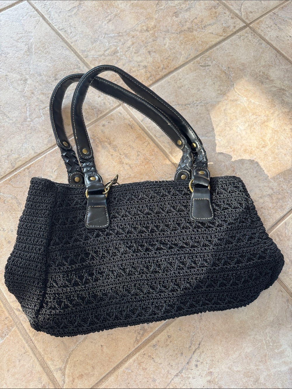 Black Crochet Tote Bag with Leather Handles